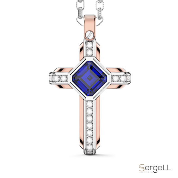 Collar cruz de diamantes con zafiro azul (2.3 quilates) de oro 18k Zancan